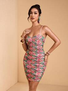 JIAN LASALA Vestido de verano elegante y casual para mujer con estampado floral tropical, tirantes de espagueti de malla, drapeado y sin mangas - Multicolor - Ver 5