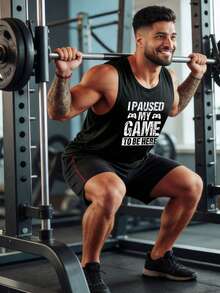 GymBeat 男士休闲字母印花圆领运动背心，夏季 - 黑色 - 查看 5