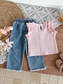 SHEIN Bộ áo jacquard và quần jean thêu dễ thương cho bé gái, trang phục mùa hè cho bé gái. - Hồng - Xem 2