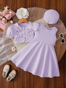 Young Girl Puff Sleeve Jacket With 3D Bow Decor, Paired With Sleeveless Dress, Elegant For Daily, Work, Party - Mauve Purple - View 4