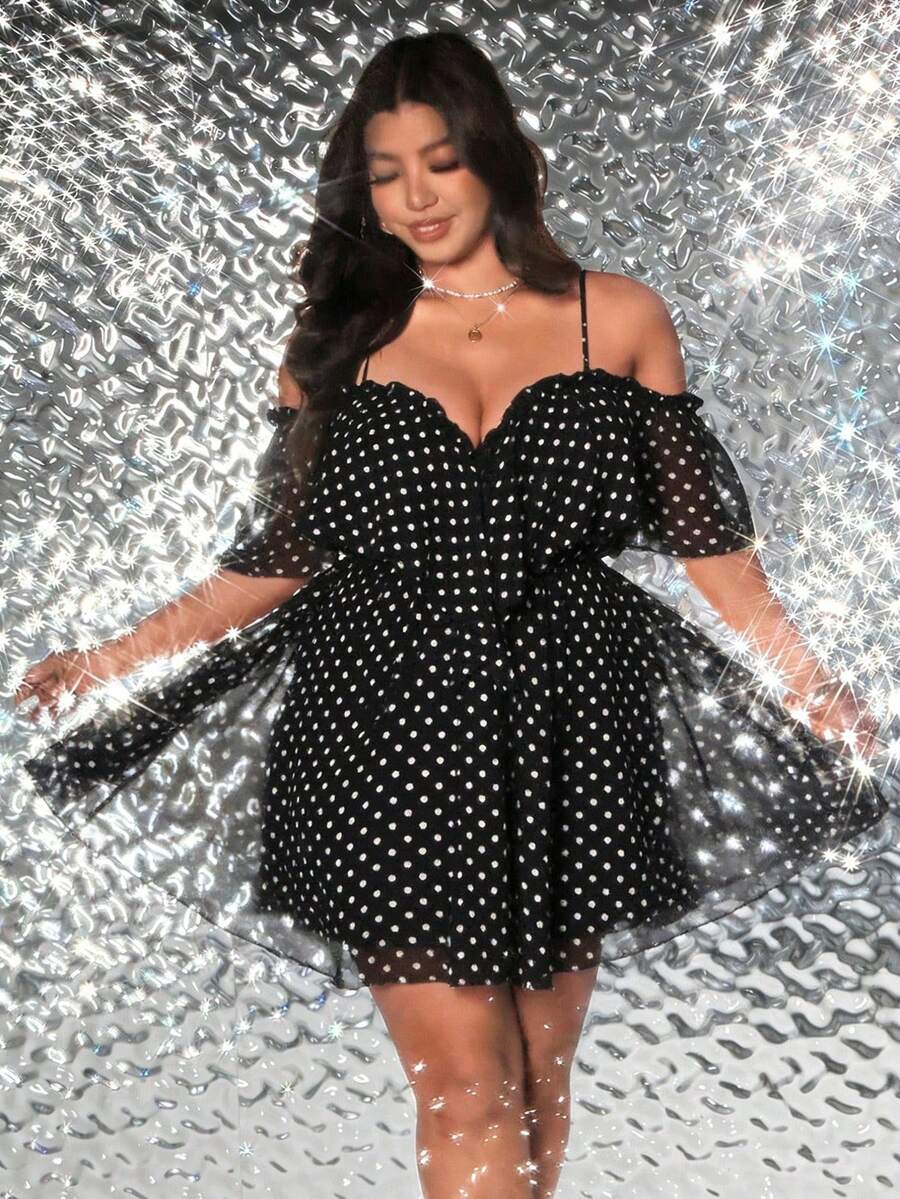 Viva Relle Đầm chấm bi trễ vai thanh lịch, gợi cảm dành cho người có thân hình đầy đặn, thích hợp cho mùa hè. - màu đen - Xem 1