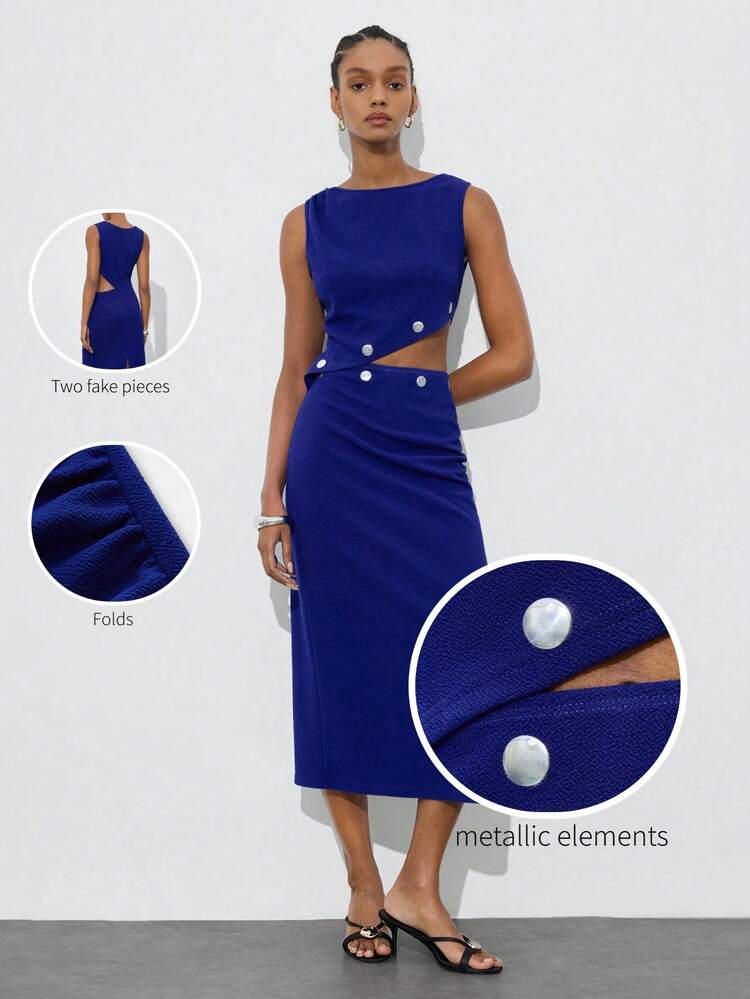 SHEIN Maija Women's Royal Blue Elegant Summer Sleeveless Midi Dress,Metallic Design 2 In 1 Geometric Pattern Night Out Party Vacation Easter Graduation Outfits