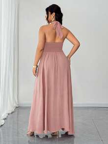 Elenzga Plus Size Women's Solid Color Deep V-Neck Slit Hem Sexy Halter Dress - Dusty Pink - View 4