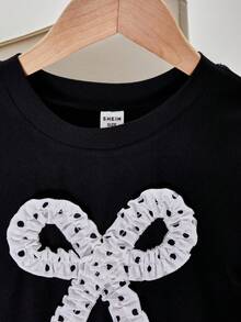 SHEIN 1pc Tween Girl Bowknot Pleated Short Sleeve Dress, Loose Fit, Spring/Summer - Black and White - View 3