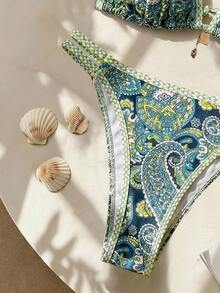 Swim Vcay Plus Size Navy Blue Boho Printed Swimwear Set,Women's Summer Holiday Beach Double-Layer Spaghetti Strap Triangle Cup Backless Top & High Waist Bottom - Multicolor - View 3