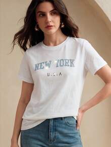 Anewsta Summer Casual Letter Rhinestone Embellished Short Sleeve T-Shirt - White - View 4