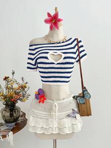 Elamini Women's Colorful Striped Hollow Heart Knit Pullover Top, Fashionable Versatile Beach/Vacation Wear, Suitable For Spring And Summer - Multicolor - View 5