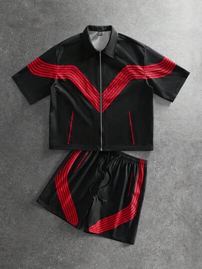 ROMWE MEN Men's Color Block Zip-Up Short Sleeve Shirt And Drawstring Waist Shorts Casual Outfit