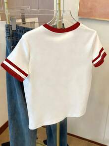 1 pieza Camiseta de manga corta de cuello redondo con estampado de 67 Seis Siete para niña, de poliéster, con ribete de color contrastante. Conjunto de camiseta linda adecuado para niñas, camiseta gráfica - Multicolor - Ver 2