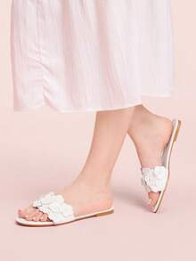 CUCCOO DOLLMOD Ladies White Flower Comfortable Flat Sandals, Sweet Style Flower Flat Sandals Spring Shoes - White - View 5