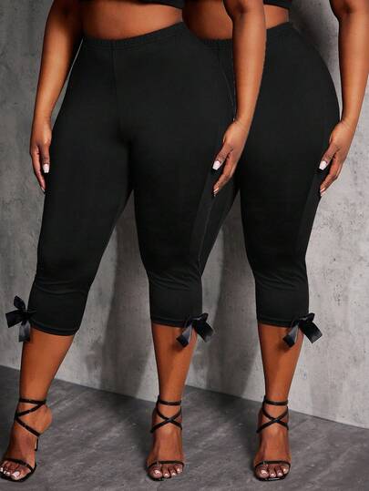 SHEIN SXY Plus Size Women's New Arrival Mid-Waist Black 2pcs Set, Narrow Elastic Waist 7/8 Pants With Bow Decor