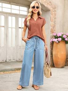 EMERY ROSE Women's Belted Wide Leg Loose Casual Jeans - Light Wash - View 6