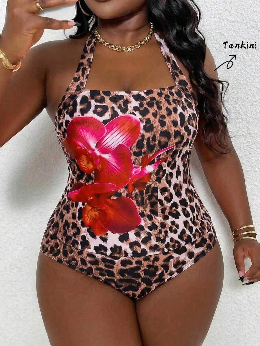 Swim Lushoire Bộ đồ bơi tankini hở lưng họa tiết da báo cỡ lớn cho nữ, đồ bơi xẻ tà thời trang thường ngày - Nhiều màu - Xem 1