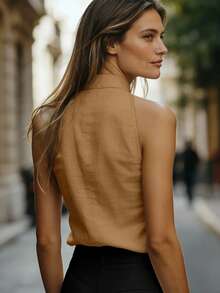 EMERY ROSE Women's Sleeveless Mandarin Collar Linen-Like Tank Top, Versatile Commuter Slim-Fit Top - Camel - View 2