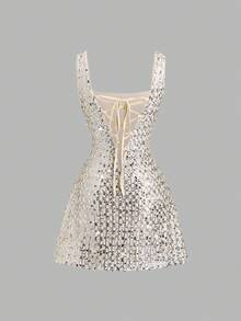 Sweetra Fashionable Sexy Backless Sequin Decor Square Neck Cinched Waist Design Summer Party Dress, Elegant French Style - Silver - View 3