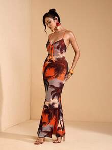 JIAN LASALA Đầm dài ôm sát cơ thể, dây mảnh, buộc sau lưng, họa tiết nhiệt đới đa sắc màu, xẻ tà, thích hợp cho kỳ nghỉ hè. - Nhiều màu - Xem 4