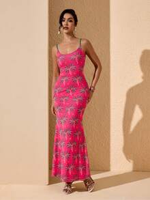 JIAN LASALA Multi Tropical Print Mesh Spaghetti Straps Women Sleeveless Long Dress Summer Vacation Casual - Hot Pink - View 3