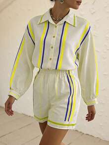 Women's Striped Print Loose Shirt + Matching Shorts 2 Pieces Set - Light Yellow - View 4