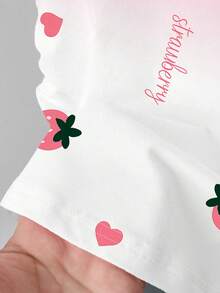 Resyla 女士休闲度假通勤草莓爱心字母印花渐变荷叶袖修身T恤，夏季 - 粉色 - 查看 4