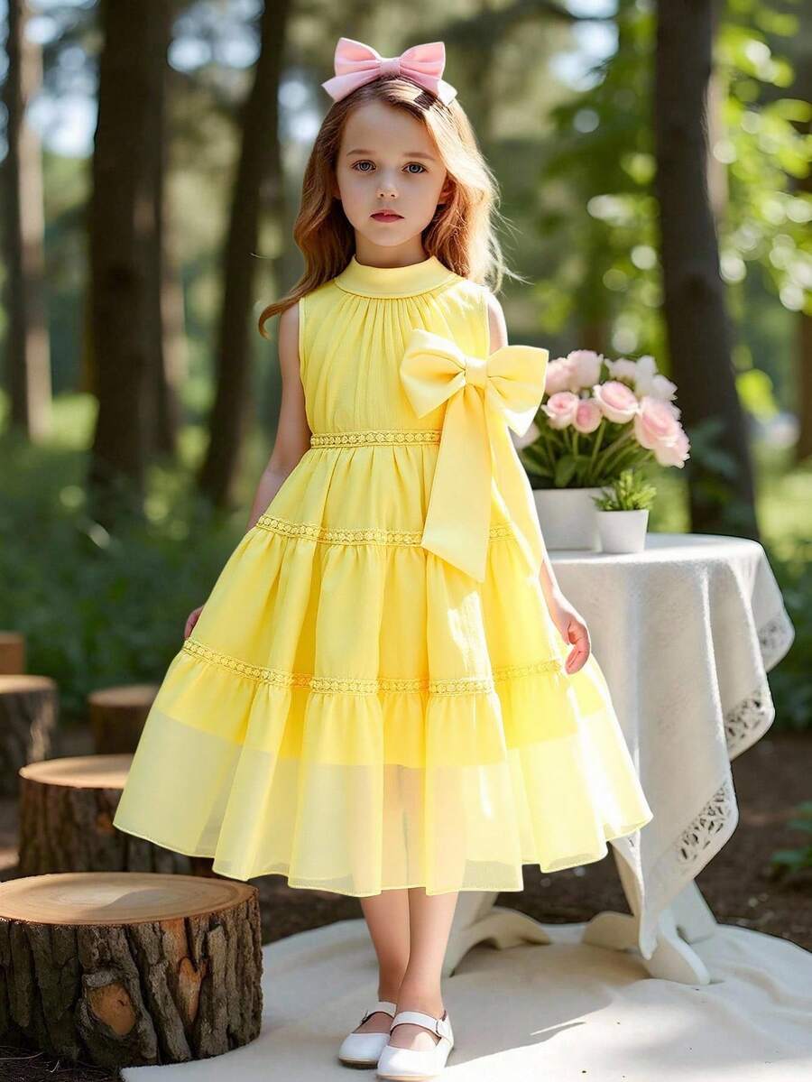 Elladie kids 少女公主风薄纱3D蝴蝶中长优雅连衣裙 - 黃色 - 查看 1