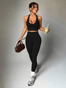 Velisys Women's Solid Color Cropped Halter Neck Tank Top And Leggings Sports Set - Multicolor - View 6