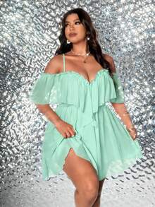 Viva Relle Plus Size Women Solid Color Off-Shoulder Ruffle Hem Fashionable Party Dress - Mint Green - View 3