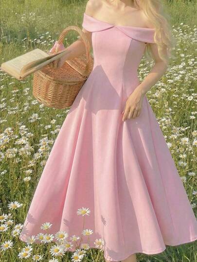 SHEIN Serisse Kids Girlism Tween 女孩纯粉色针织露肩收腰 A 字连衣裙，复古优雅，适合节日、派对、情人节、婚礼