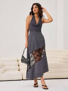 Aidyla Women's Casual Street Chic Plunging Neck Polka Dot Contrast Lace Mid-Length Dress Polka Dot Dress Women Mesh Maxi Dress Photoshoot Dress Women Bodycon Maxi Dress Women Sexy Long Dresses For Women Sexy Dresses For Women Polka Dot Dresses For Women - Black and White - View 5