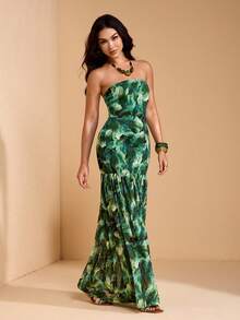 JIAN LASALA Đầm maxi mùa hè cho nữ, kiểu dáng thanh lịch, không dây vai, họa tiết nhiệt đới phủ toàn thân, chất liệu lưới, thích hợp cho kỳ nghỉ hoặc du lịch. - màu xanh lá - Xem 4
