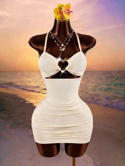 SaltGleam SaltGleam 女士时尚吊带镂空心形金属扣连衣裙，适合春夏派对、日常穿着、度假、旅行，迷你裙吊带裙