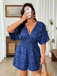 Weeklong Bộ jumpsuit ngắn tay nhún eo dáng thanh lịch, thoải mái dành cho nữ cỡ lớn. - Màu xanh lam - Xem 5