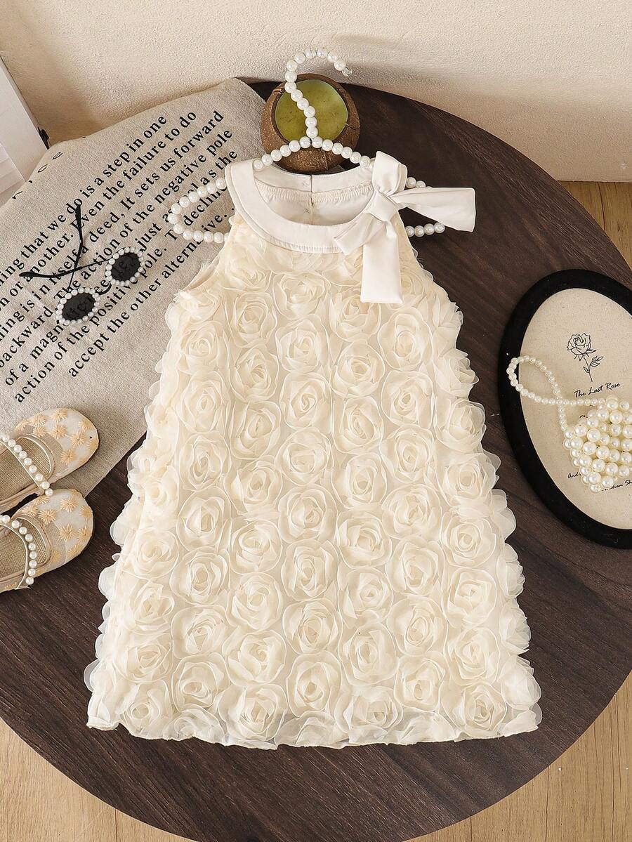 SHEIN Glamorique Kids 女童3D网纱碎花连衣裙,女童甜美蝴蝶结休闲宽松吊带连衣裙,女童夏季无袖公主裙,适合日常或度假穿着 - 杏色 - 查看 1