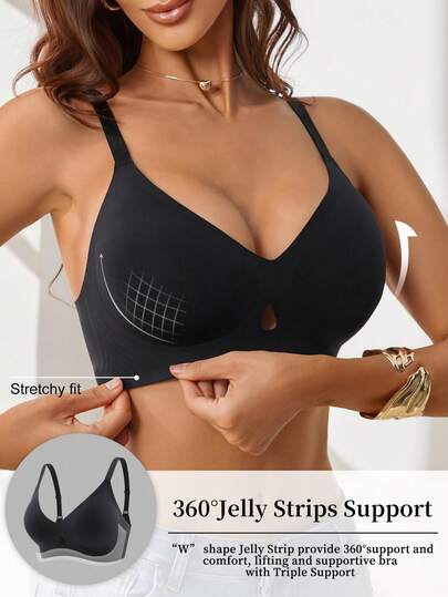 1件装女士纯色无缝果冻凝胶不可拆卸罩杯垫镂空可调节肩带文胸