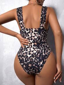 Lymera New Spring/Summer Fashion Vintage Leopard Print Deep V-Neck Fitted Waist Ruched Slit Bodysuit, Versatile Elegant Bodysuit For Layering - Multicolor - View 2