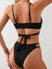 SHEIN Swim Conjunto de bikini para mujer de unicolor con tiras cruzadas separado, para playa de verano - Negro - Ver 2