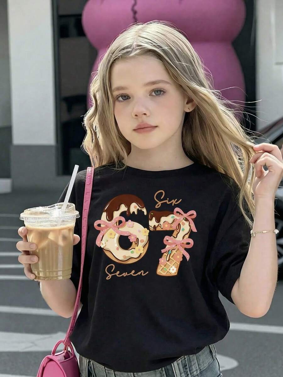 女士休闲百搭日常居家服67数字印花圆领宽松短袖T恤 - 粉色 - 查看 1