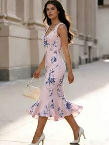 Balvessa Đầm ôm sát dáng đuôi cá không tay cổ chữ V sâu in hoa màu hồng dành cho nữ - Màu tím hoa cà - Xem 4