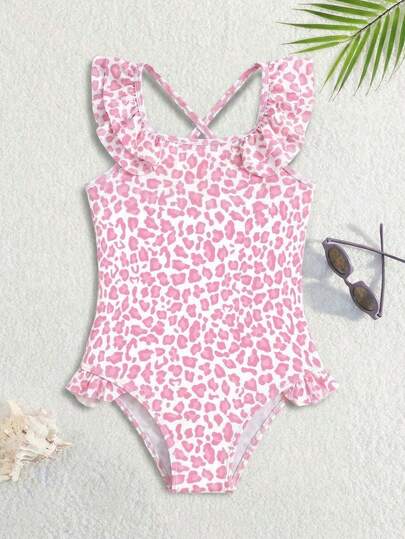 Girls' Pink And White Leopard Print Ruffled One-Piece Swimsuit, Children's Summer New Skin Friendly Quick Drying Swimsuit, Cross Shoulder Strap+Double-Layer Ruffled Edge Design, Fully Wrapped Buttocks, Anti Glare Version, Children's Beach Vacation, Beach, Swimming Pool, Water Park Fashion Outfit, Sweet, Cool And Cute Style Essential