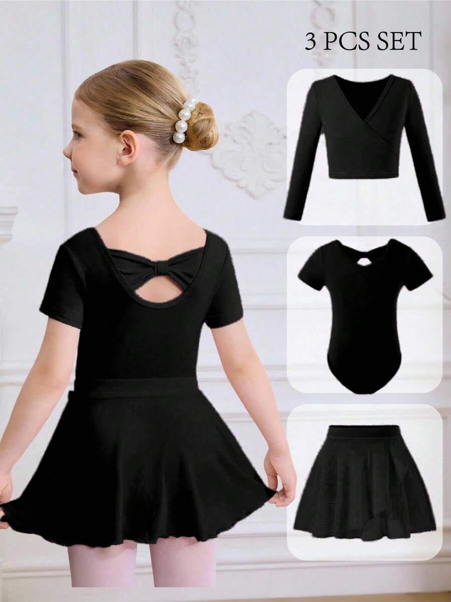 少女粉色三件套舞蹈服，高弹亲肤，芭蕾舞裙，适合日常穿着、春夏、舞蹈训练和运动穿着。 - 黑色 - 查看 1