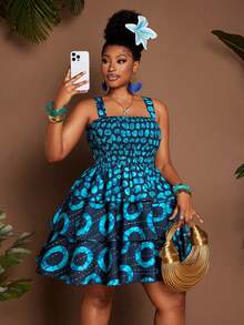 Maweii Plus Size Women's Navy Blue Summer Boho Vacation Holiday Dress,Abstract Striped Print,Adjustable Spaghetti Strap,Front&Back Drawstring Waist,Ruffle - Multicolor - View 5