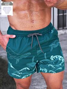Manfinity Swimmode 男士休闲鲸鱼印花抽绳腰沙滩短裤，夏季 - 青碧色 - 查看 3