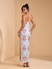 JIAN LASALA All-Over Print Mesh Off-Shoulder Sleeveless Bodycon Women Long Dress With Slits Summer Vacation Golf White Sexy - Multicolor - View 2