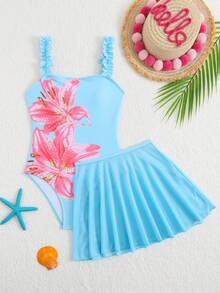 SHEIN 女童碎花两件式泳衣，带网纱裙，适合度假和暑假穿着 - 淺藍色 - 查看 3