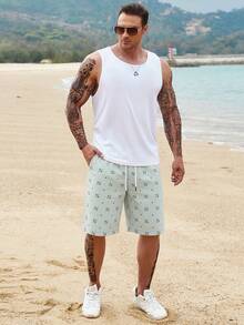 Manfinity RSRT Men's Letter Print Drawstring Waist Pocket Casual Versatile Daily Wear & Beach Shorts - Mist Green - View 7