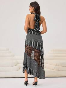 Aidyla Women's Casual Street Chic Plunging Neck Polka Dot Contrast Lace Mid-Length Dress Polka Dot Dress Women Mesh Maxi Dress Photoshoot Dress Women Bodycon Maxi Dress Women Sexy Long Dresses For Women Sexy Dresses For Women Polka Dot Dresses For Women - Black and White - View 3