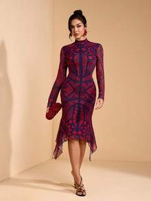 JIAN LASALA Vestido midi de manga larga con cuello de tortuga de malla con estampado total, ajustado, con bajo asimétrico, estilo bohemio casual - Multicolor - Ver 5