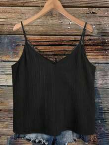 EMERY ROSE 加大码V领蕾丝拼接黑色底纯色夏季吊带背心，优雅适合度假、约会、派对等场合，时尚百搭。 - 黑色 - 查看 3