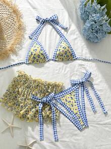 Swim Mod Women's 3-Piece Swimwear Set,Yellow Summer Cute Beach Holiday Floral Print Bikini,Flowy Island Casual Sweet Girl Versatile Blue Swimming Pool Party - Multicolor - View 2
