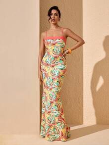 JIAN LASALA Summer Tropical Print Spaghetti Strap Women Bodycon Maxi Dress Elegant Vacation Casual Romantic - Multicolor - View 4