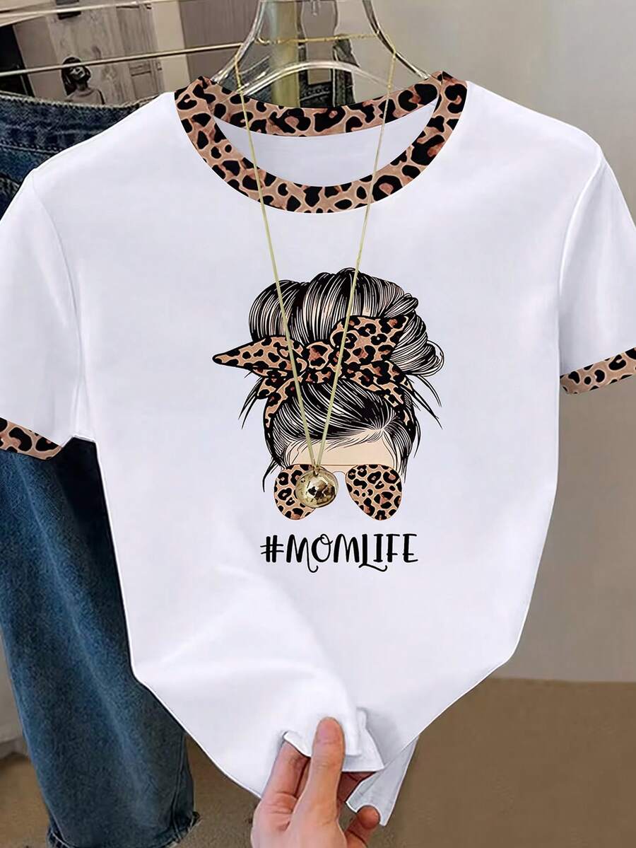 Resyla Leopard Print Patchwork Portrait Graphic Round Neck Short Sleeve T-Shirt For Women - White - View 1